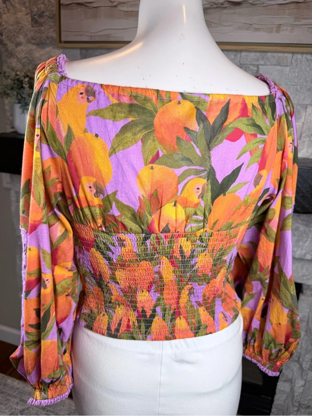 Lavender & Orange Floral Lace Square-Neck Puff Sleeve Top